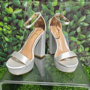Lulus Kinsella White Satin Platform Block Heel Sandals Ankle Strap Womens 6.5